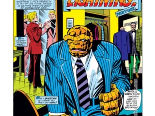 Fantastic Four #151, pg. 1; layouts, Rich Buckler; pencils and inks, Joe Sinnott; Thundra and Lightning splash page, Ben Grimm/Thing, Gerry Conway