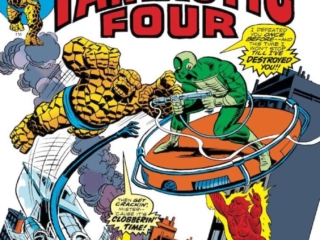 Fantastic Four #154 cover; pencils, Gil Kane; inks, Frank Giacoia; The Man in the Mystery mask, Thing, Fantasticar