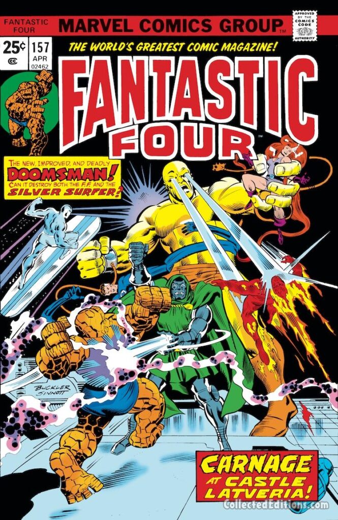 Fantastic Four #157 cover; pencils, Rich Buckler; inks, Joe Sinnottv; Doomsman, Silver Surfer, Carnage at Castle Latveria, Doctor Doom