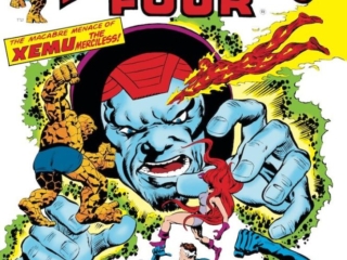 Fantastic Four #158 cover; pencils, Rich Buckler; inks, Al Milgrom; Xemu the Merciless, Invaders of the 5th Dimension, Quicksilver, Medusa, Mister Fantastic