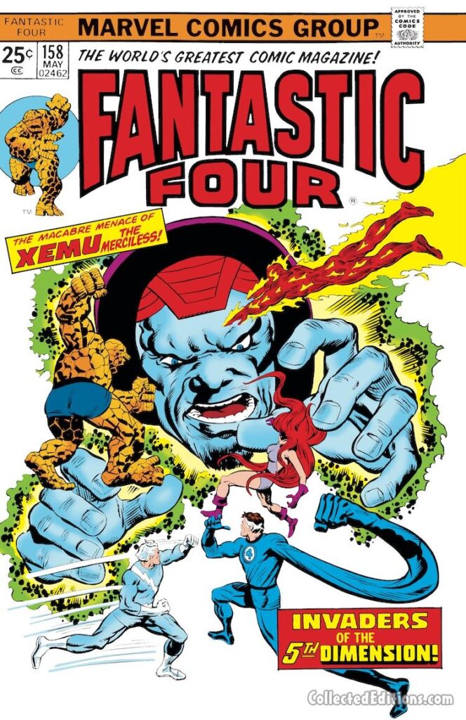 Fantastic Four #158 cover; pencils, Rich Buckler; inks, Al Milgrom; Xemu the Merciless, Invaders of the 5th Dimension, Quicksilver, Medusa, Mister Fantastic