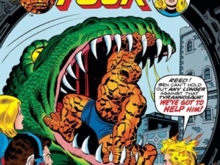 Fantastic Four #161 cover; pencils, Rich Buckler; inks, Joe Sinnott; Thing, Tyrannosaur, The Thing Fights Alone