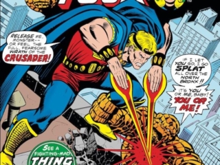 Fantastic Four #165 cover; pencils, Ron Wilson; inks, Joe Sinnott; The wrath of the Crusader, Robert Grayson, evil Marvel Boy, Thing