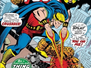 Fantastic Four #165 cover; pencils, Ron Wilson; inks, Joe Sinnott; The wrath of the Crusader, Robert Grayson, evil Marvel Boy, Thing
