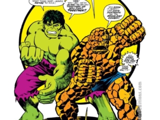 Fantastic Four #166, pg. 17; pencils, George P&eacute;rez; inks, Vince Colletta; Thing and Hulk side-by-side splash page
