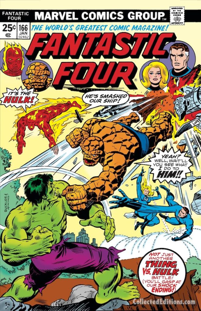 Fantastic Four #166 cover; pencils, Rich Buckler; inks, Dan Adkins; Hulk, Thing