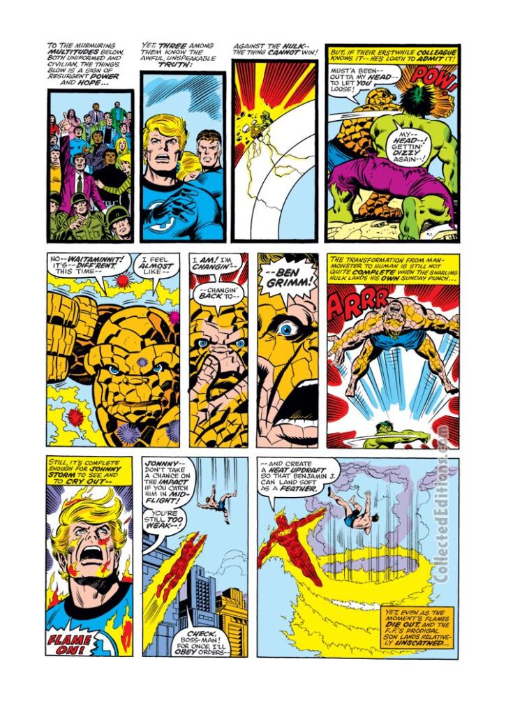 Fantastic Four #167, pg. 16;  layouts, George Pérez; pencils and inks, Joe Sinnott; Thing, Hulk, Johnny Storrm