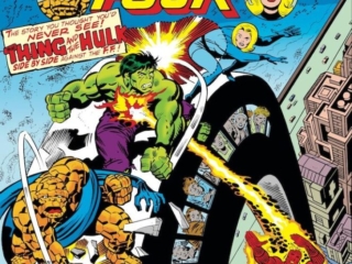 Fantastic Four #167 cover; pencils, Jack Kirby; inks, Joe Sinnott; Thing and Hulk side-by-side, St. Louis Arch