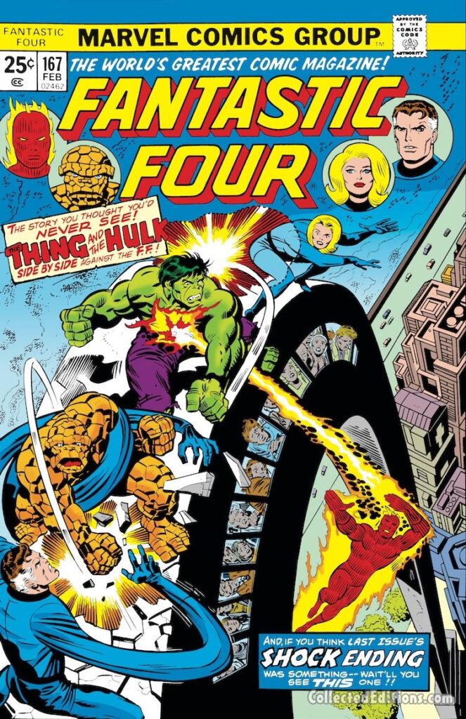 Fantastic Four #167 cover; pencils, Jack Kirby; inks, Joe Sinnott; Thing and Hulk side-by-side, St. Louis Arch