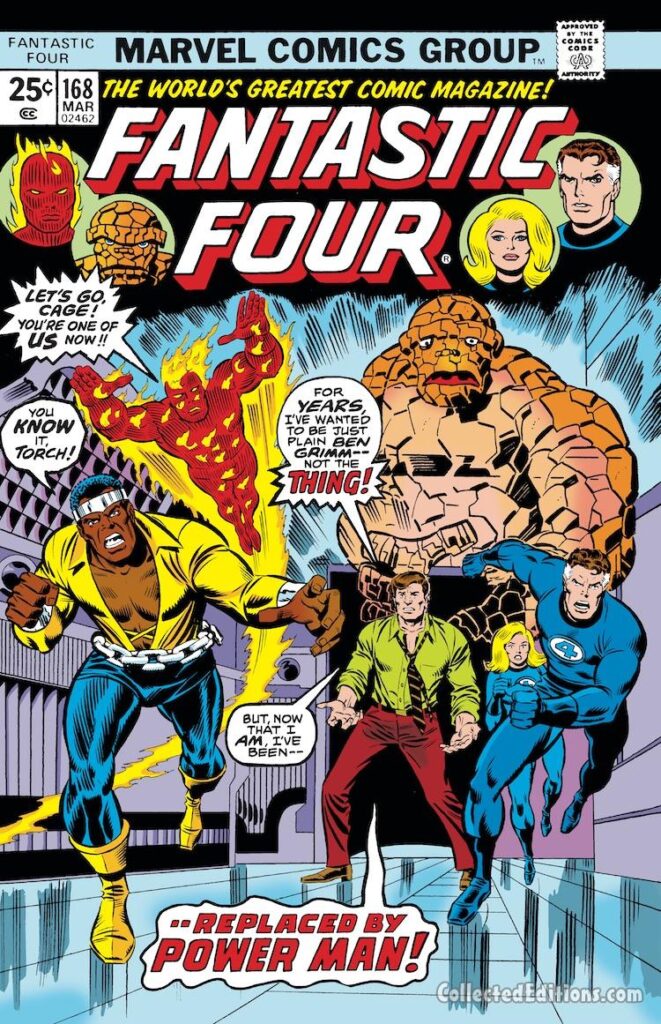 Fantastic Four #168 cover; pencils, Rich Buckler; inks, Joe Sinnott; Luke Cage/Power Man joins the FF, Ben Grimm