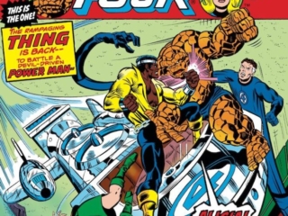 Fantastic Four #170 cover; pencils, Ed Hannigan; inks, Joe Sinnott; Thing, Power Man/Luke Cage, Alicia Masters, Fantasti-Car