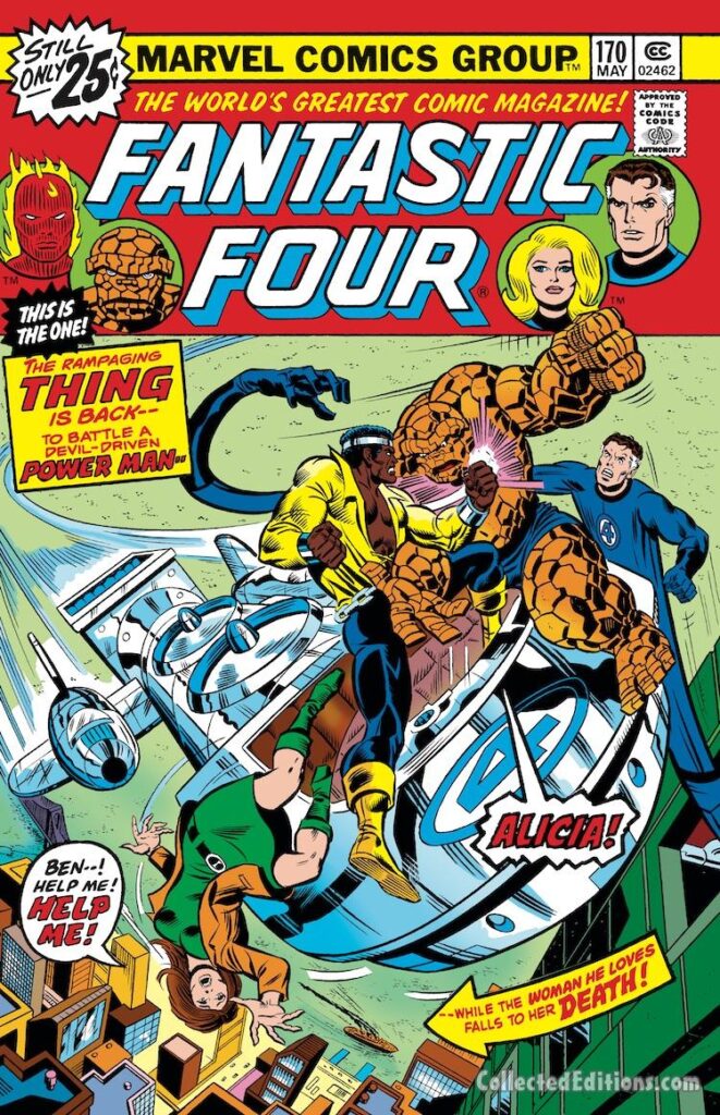 Fantastic Four #170 cover; pencils, Ed Hannigan; inks, Joe Sinnott; Thing, Power Man/Luke Cage, Alicia Masters, Fantasti-Car