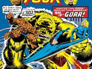 Fantastic Four #171 cover; pencils, Jack Kirby; inks, Joe Sinnott; Gorr, Invisible Woman, Giant Monster, Thing