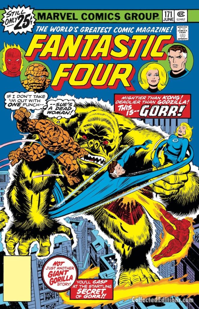 Fantastic Four #171 cover; pencils, Jack Kirby; inks, Joe Sinnott; Gorr, Invisible Woman, Giant Monster, Thing