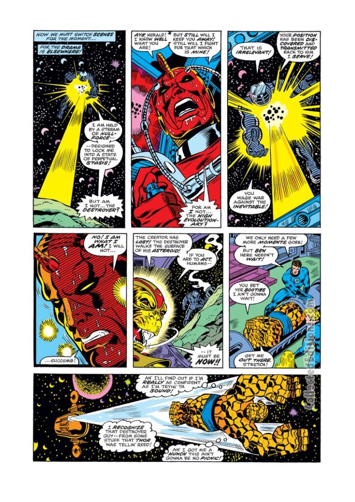 Fantastic Four #172, pg. 13; pencils, George Pérez; inks, Joe Sinnott; Destroyer, Asgard, High Evolutionary. Thing, cosmic comics, outer space