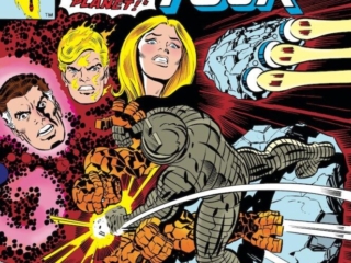 Fantastic Four #172 cover; pencils, Jack Kirby; inks, Joe Sinnott; Destroyer of Asgard vs. Thing on asteroid