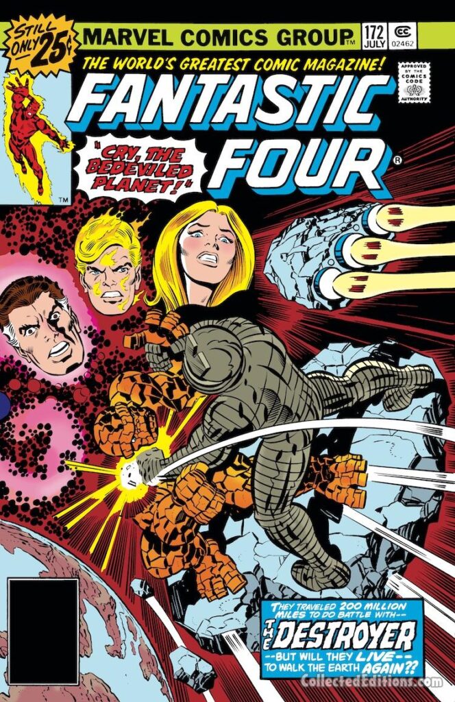 Fantastic Four #172 cover; pencils, Jack Kirby; inks, Joe Sinnott; Destroyer of Asgard vs. Thing on asteroid