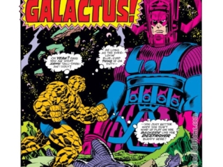 Fantastic Four #173, pg. 1; layouts, John Buscema; pencils and inks, Joe Sinnott; Counter-Earth Must Die at the Hand of Galactus, splash page, Roy Thomas, Thing, Destroyer/Asgard