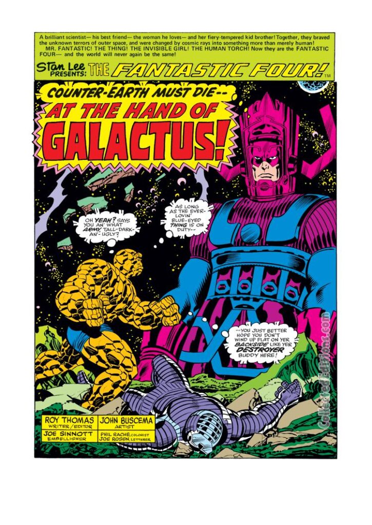 Fantastic Four #173, pg. 1; layouts, John Buscema; pencils and inks, Joe Sinnott; Counter-Earth Must Die at the Hand of Galactus, splash page, Roy Thomas, Thing, Destroyer/Asgard