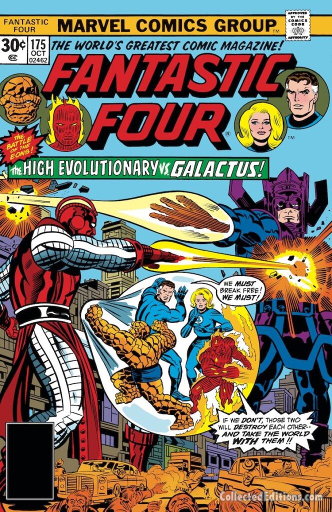 Fantastic Four #175 cover; pencils, Jack Kirby; inks, Joe Sinnott; High Evolutionary vs. Galactus