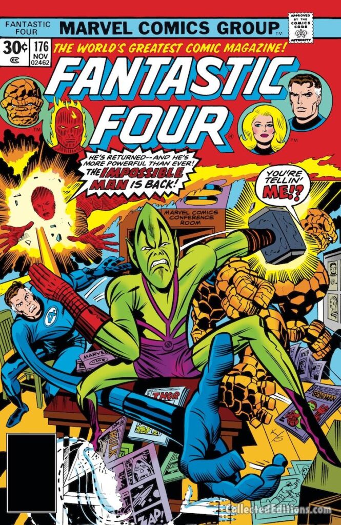 Fantastic Four #176 cover; pencils, Jack Kirby; inks, Joe Sinnott; Impossible Man is Back, Marvel Bullpen, Human Torch