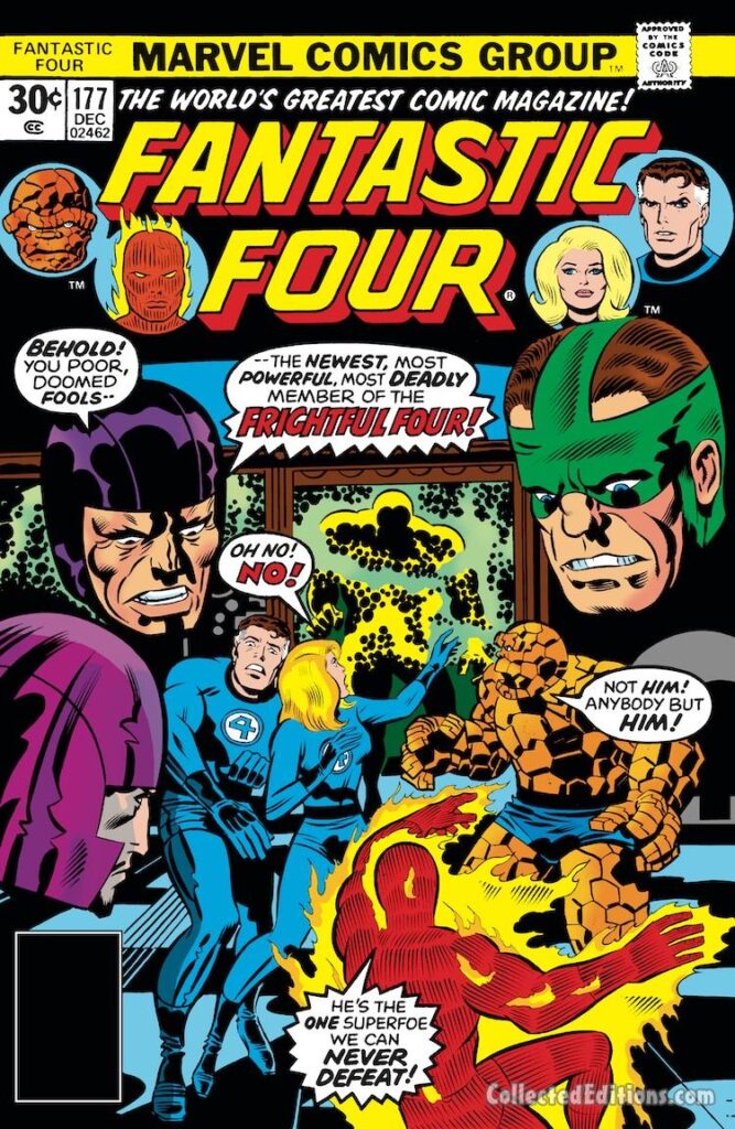 Fantastic Four #177 cover; pencils, Jack Kirby; inks, Joe Sinnott; The Frightful Four, Sandman, Wizard, Trapster, New member