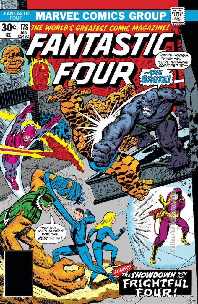 Fantastic Four #178 cover; pencils, John Romita Sr.; inks, Joe Sinnott; Showdown with the Frightful Four, The Brute, Trapster, Wizard, Sandman