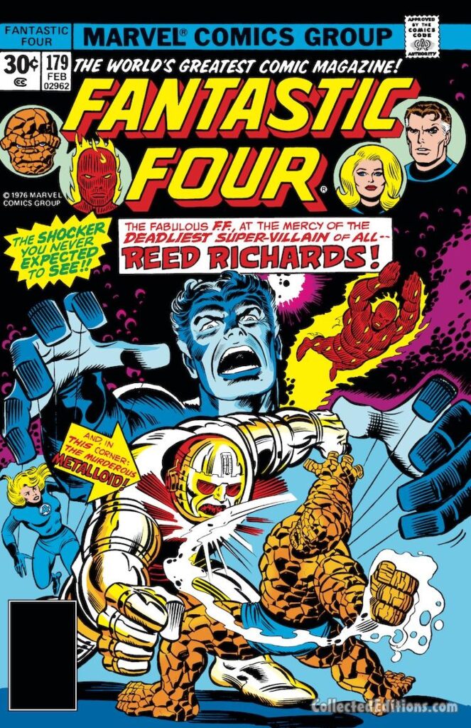 Fantastic Four #179 cover; pencils, Al Milgrom; inks, Joe Sinnott; Metalloid, first appearance, Reed Richards super-villain