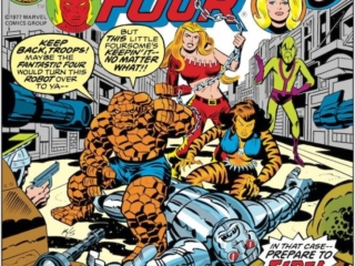 Fantastic Four #180 cover; pencils, Jack Kirby; inks, Joe Sinnott; alterations, Marie Severin; Thing, Thundra, Tigra, Impossible Man