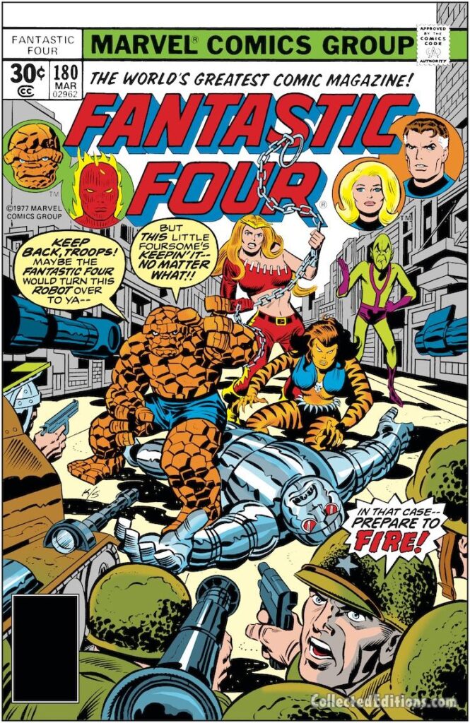 Fantastic Four #180 cover; pencils, Jack Kirby; inks, Joe Sinnott; alterations, Marie Severin; Thing, Thundra, Tigra, Impossible Man