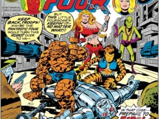 Fantastic Four #180 cover; pencils, Jack Kirby; inks, Joe Sinnott; alterations, Marie Severin; Thundra, Tigra, Impossible Man, Thing/Ben Grimm