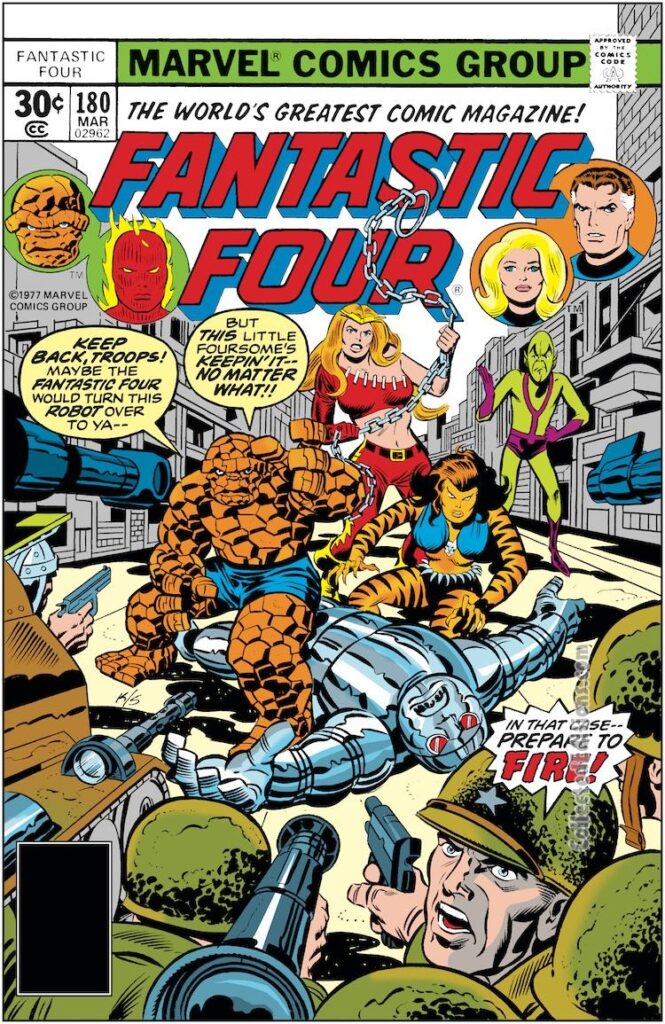 Fantastic Four #180 cover; pencils, Jack Kirby; inks, Joe Sinnott; alterations, Marie Severin; Thundra, Tigra, Impossible Man, Thing/Ben Grimm