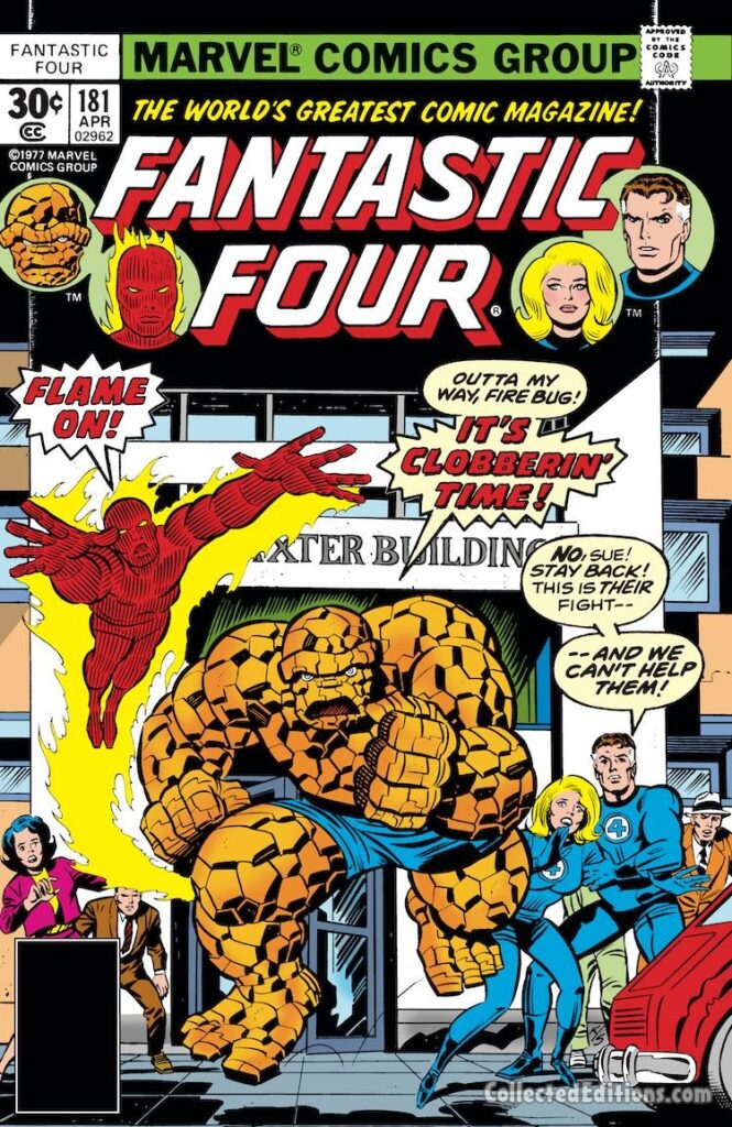 Fantastic Four #181 cover; pencils, Jack Kirby; inks, Joe Sinnott; Flame On, It's Clobberin' Time, Baxter Building