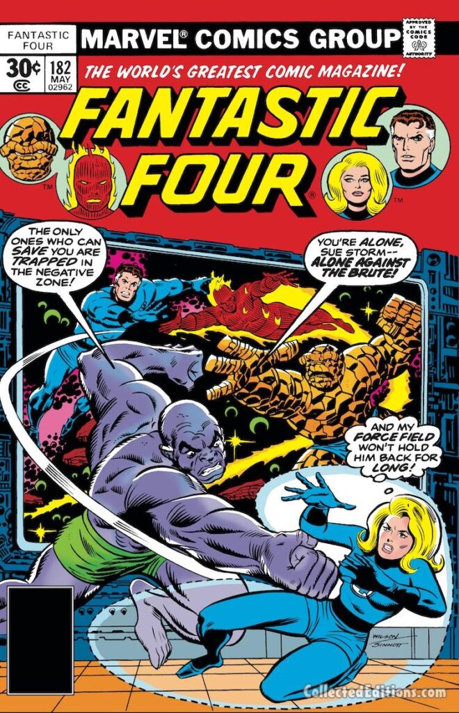Fantastic Four #182 cover; pencils, Ron Wilson; inks, Joe Sinnott; Invisible Girl/Sue Storm, The Brute, Negative Zone