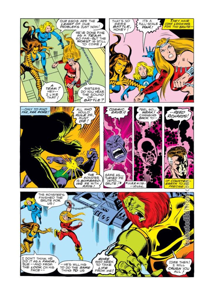 Fantastic Four #183, pg. 12;  layouts, Sal Buscema; pencils and inks, Joe Sinnott; Thundra, Tigra, Invisible Girl, The Brute