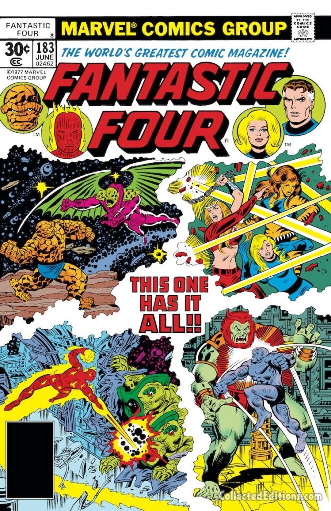 Fantastic Four #183 cover; pencils, George Pérez; inks, Joe Sinnott; The Brute, Tigra, Thunndra, Annihilus, Negative Zone, This One Has It All