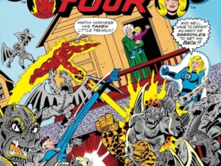 Fantastic Four #185 cover; pencils, George P&eacute;rez; inks, Joe Sinnott; Here There be Witches, Agatha Harkness, Franklin Richards, Sue Storm, Gargoyles