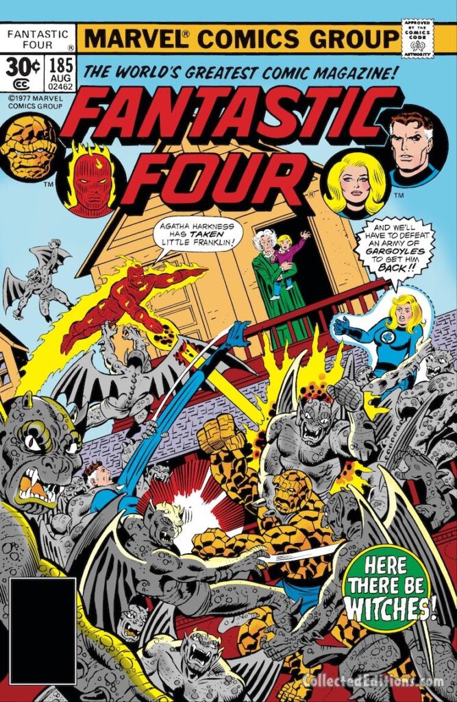 Fantastic Four #185 cover; pencils, George Pérez; inks, Joe Sinnott; Here There be Witches, Agatha Harkness, Franklin Richards, Sue Storm, Gargoyles