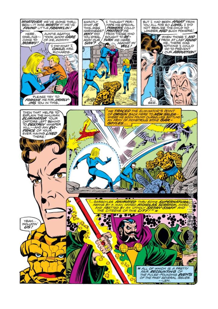 Fantastic Four #186, pg. 2; layouts, George Pérez; pencils and inks, Joe Sinnott; Nicolas Scratch, Salem's Seven, Agatha Harkness, Reed Richards, Franklin Richards