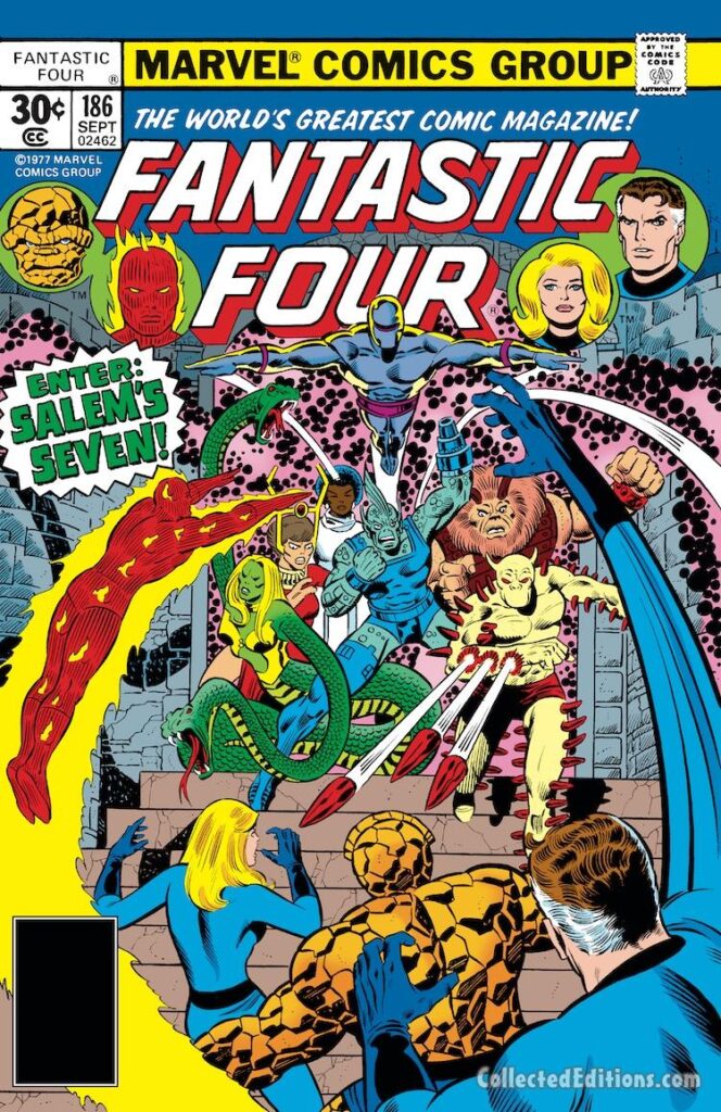 Fantastic Four #186 cover; pencils, George Pérez; inks, Joe Sinnott; Enter: Salem's Seven; Brutacus; Hydron; Thornn; Vakume; Gazelle; Reptilla; Vertigo, first appearance