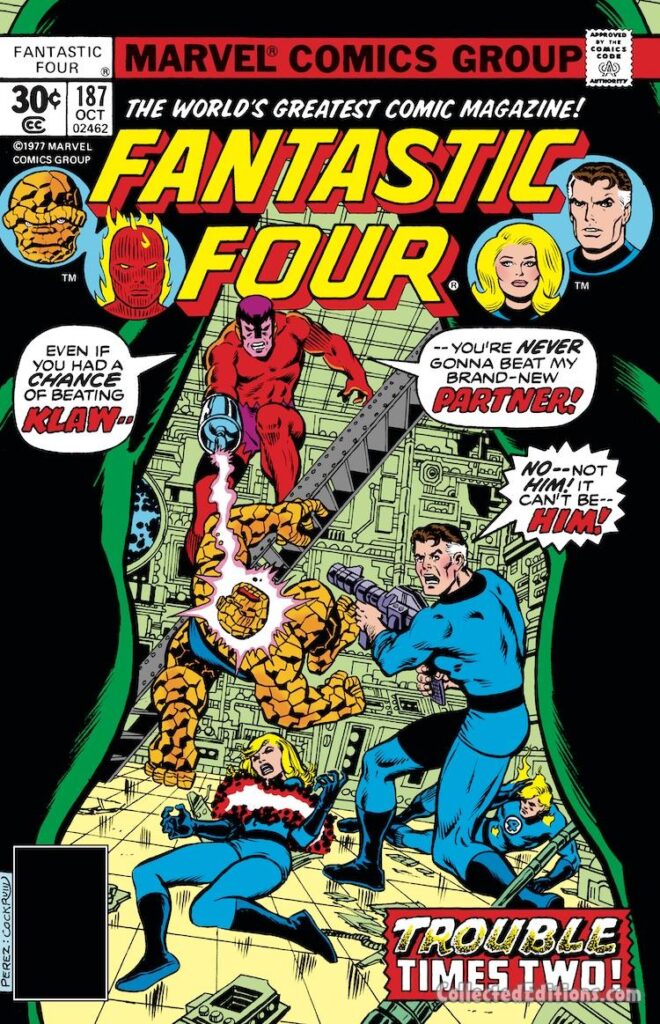 Fantastic Four #187 cover; pencils, George Pérez; inks, Dave Cockrum; Klaw, Thing, Human Torch, Molecule Man