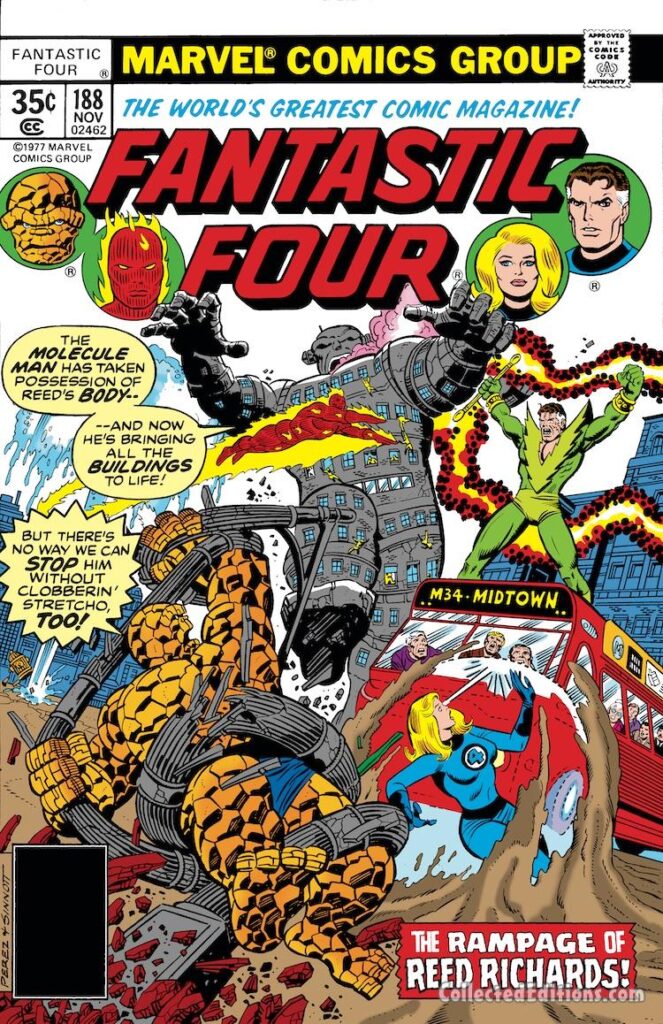 Fantastic Four #188 cover; pencils, George Pérez; inks, Joe Sinnott; Molecule Man; The Rampage of Reed Richards, Midtown Bus
