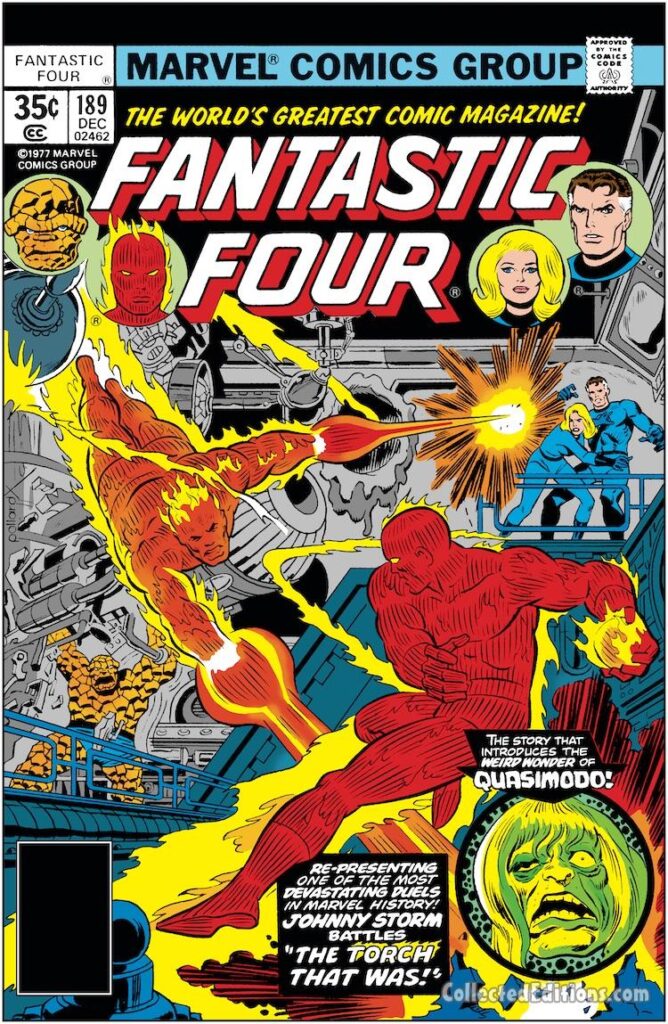 Fantastic Four #189 cover; pencils, Keith Pollard; inks, Frank Giacoia; Quasimodo, The Torch That Was, reprint comic, deadline doom