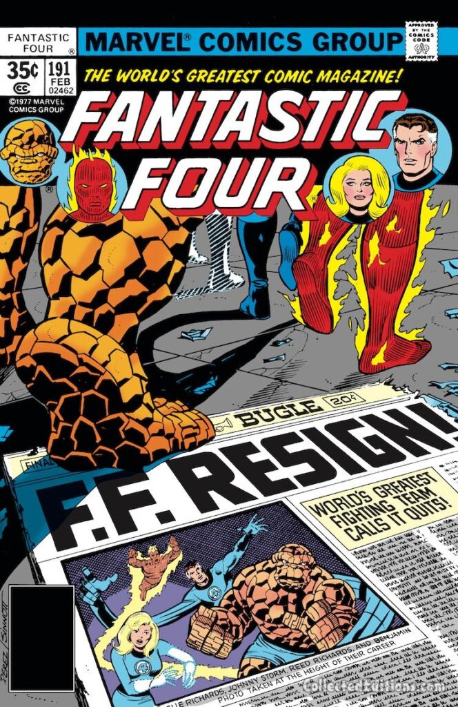 Fantastic Four #191 cover; pencils, George Pérez; inks, Joe Sinnott; FF Resign newspaper headlines