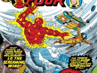 Fantastic Four #192 cover; pencils, George P&eacute;rez; inks, Frank Giacoia; Human Torch, Rebecca Rainbow, Lo, the Screaming Wind, car racing