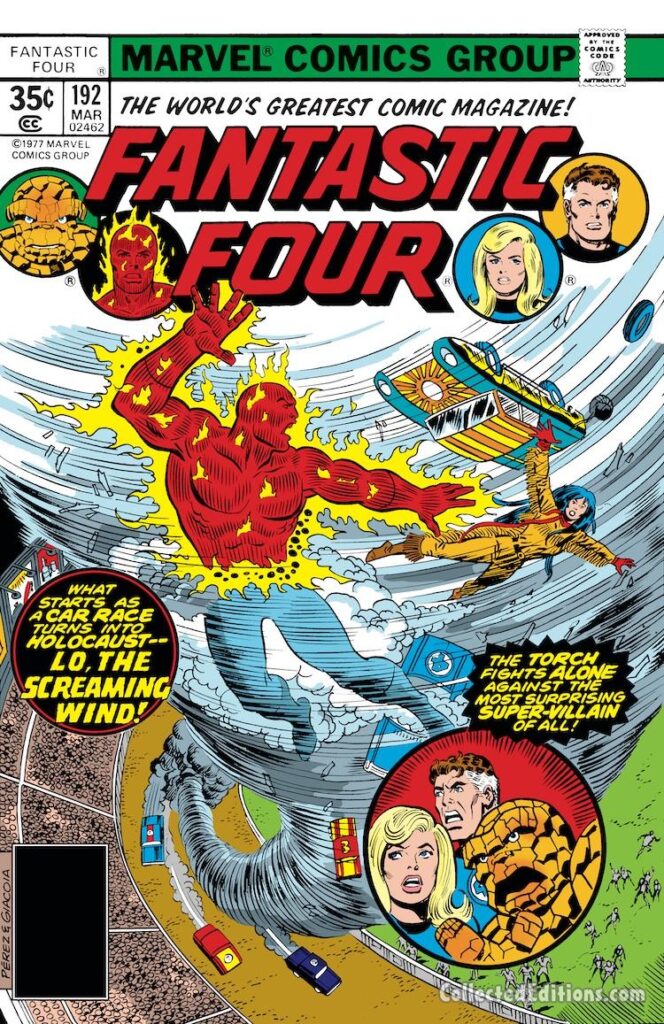 Fantastic Four #192 cover; pencils, George Pérez; inks, Frank Giacoia; Human Torch, Rebecca Rainbow, Lo, the Screaming Wind, car racing