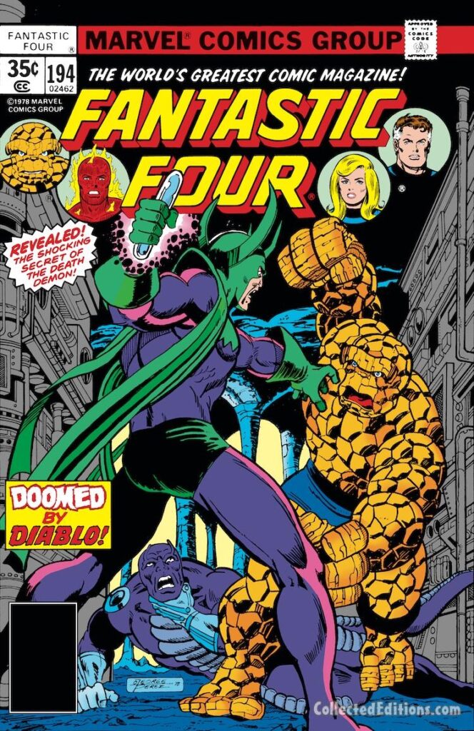 Fantastic Four #194 cover; pencils and inks, George Pérez; Diablo, Thing/Ben Grimm, Darkoth