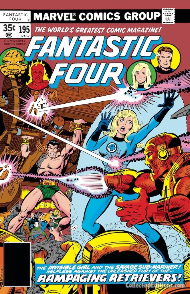 Fantastic Four #195 cover; pencils, George Pérez; inks, Joe Sinnott; Invisible Girl/Sue Storm, Prince Namor, Sub-Mariner, Rampaging Retreivers