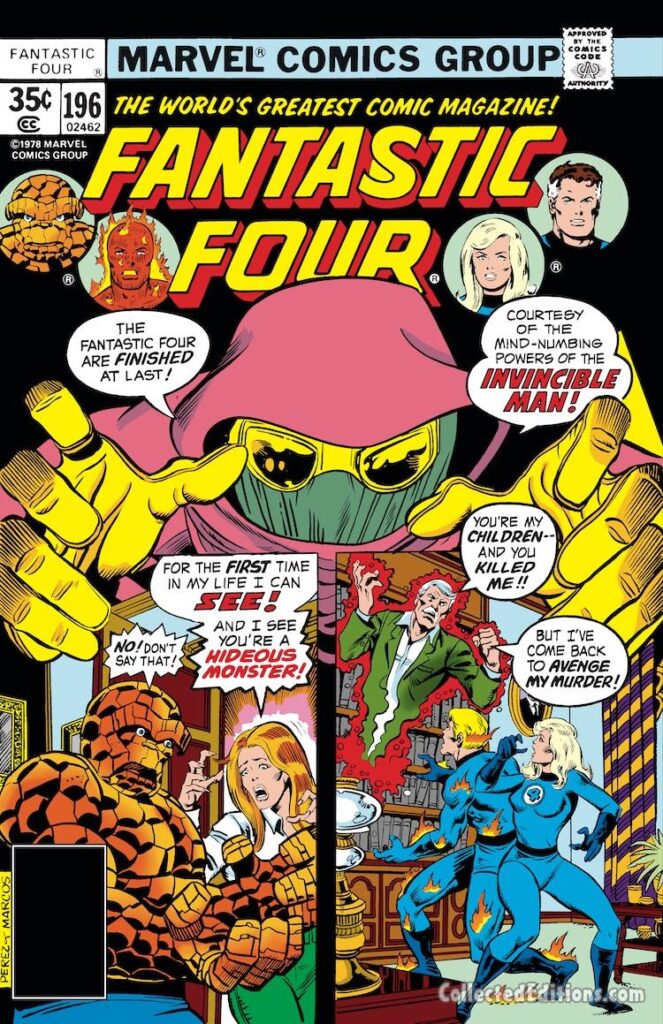 Fantastic Four #196 cover; pencils, George Pérez; inks, Pablo Marcos; Invincible Man, Alicia Masters, Sue Storm