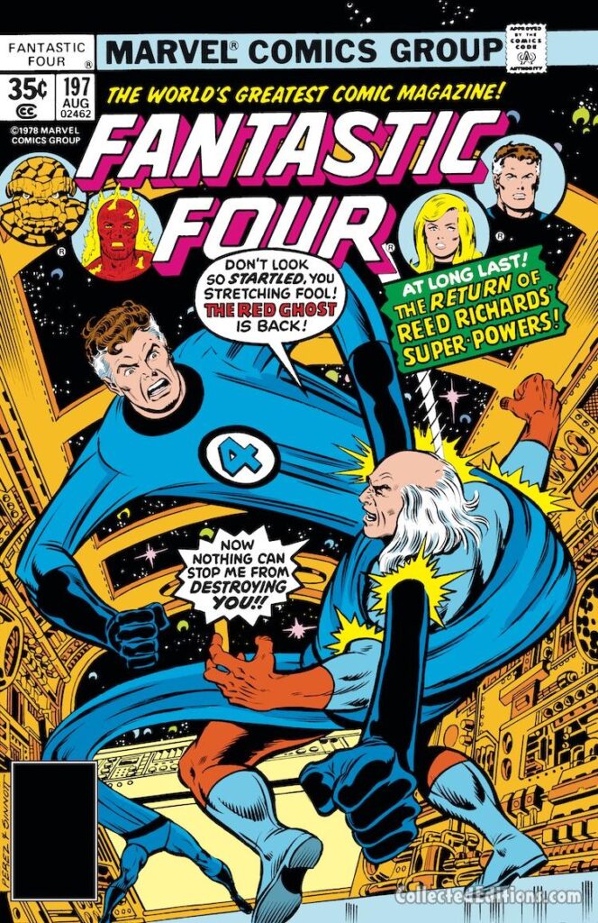 Fantastic Four #197 cover; pencils, George Pérez; inks, Joe Sinnott; The Red Ghost, Mister Fantastic/Reed Richards